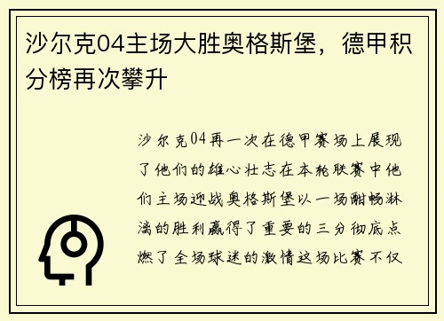 沙尔克04主场大胜奥格斯堡，德甲积分榜再次攀升